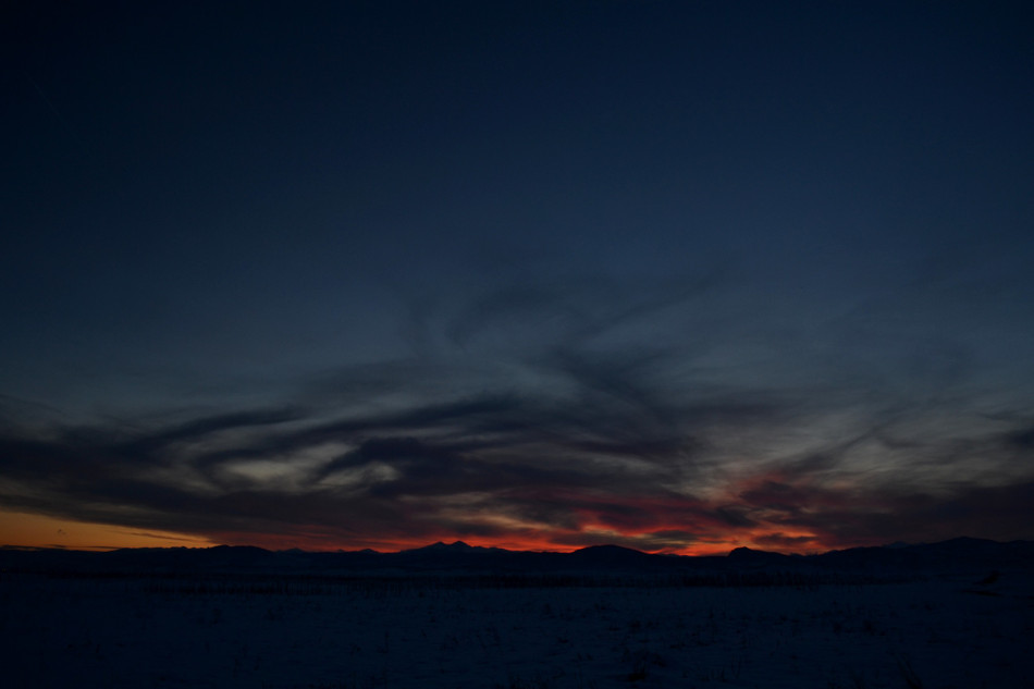 Pink Wispy Cirrus Clouds, Snowy Fall Sunset